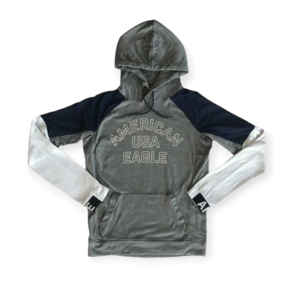 American Eagle Gray Blue White Two Tone Hoodie Relaxed Fit Pouch Pocket Women XS